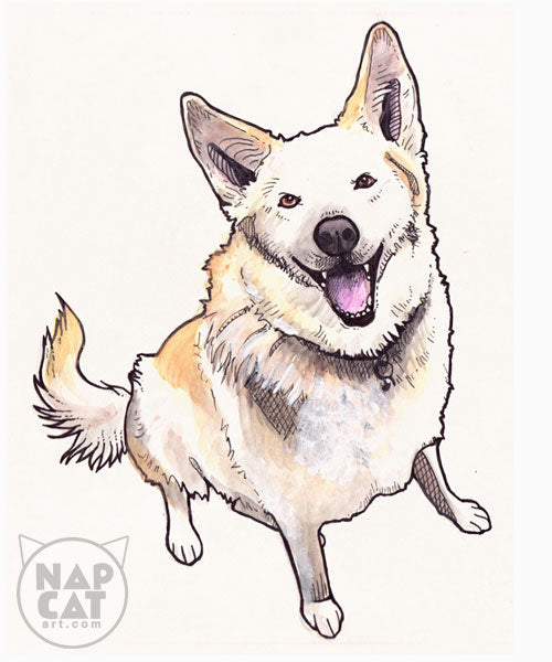 Illustration of a dog with a happy expression on a white background, featuring the brand 'Nap Cat'.