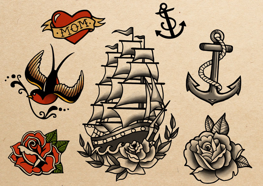 Tattoo flash page in a traditional style