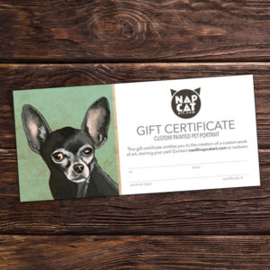 Photo of a gift certificate for a custom pet portrait